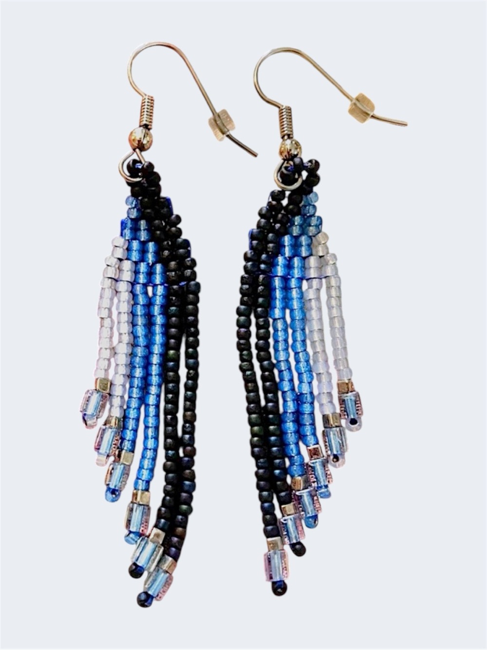 Handmade Miyuki Beaded Blue Cascade Boho Fringe Chandelier Statement Earrings